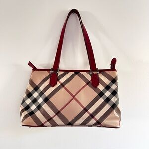 Burberry Tan Plaid PVC Shoulder Bag with Red Accents NOVA check